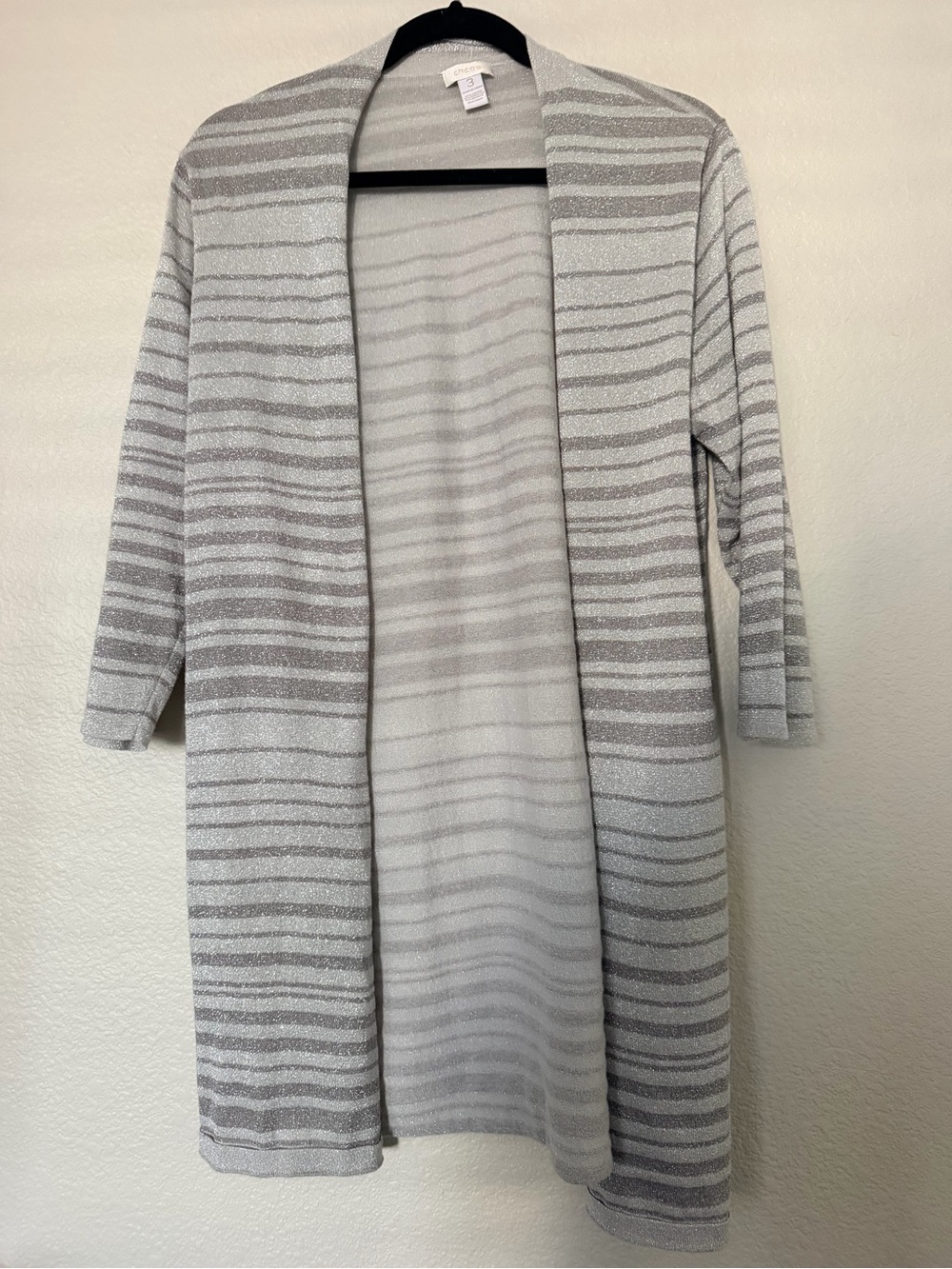 Chico’s Silver Striped Open Cardigan